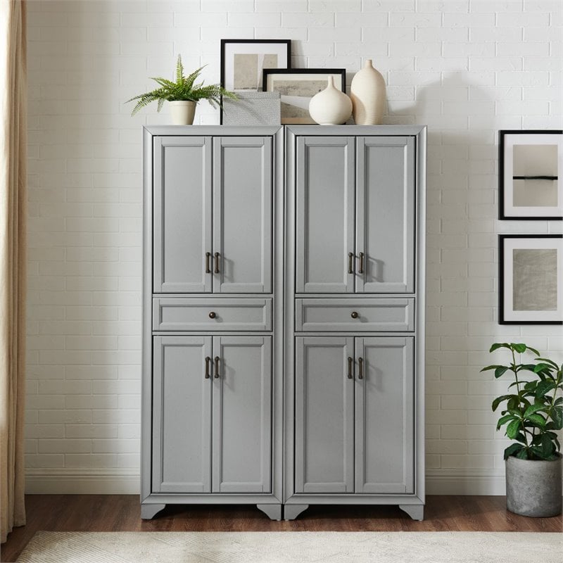 Crosley Furniture Tara Wood 4 Door Pantry Set in Distressed Gray (Set of 2)