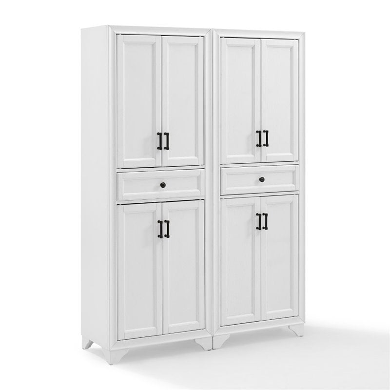 Crosley Furniture Tara Wood 4 Door Pantry Set in Distressed White (Set of 2)