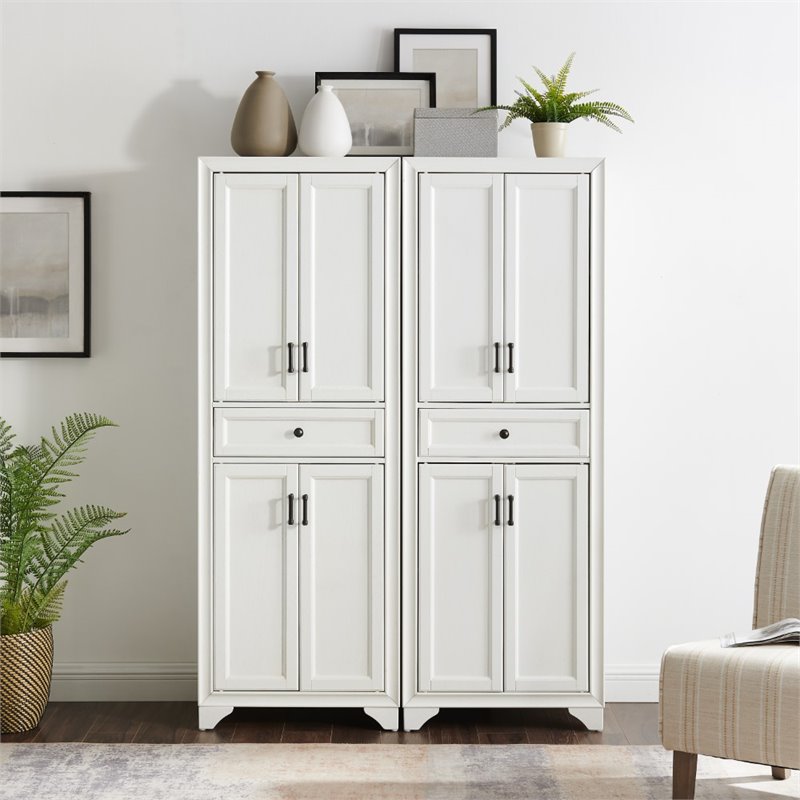 Crosley Furniture Tara Wood 4 Door Pantry Set in Distressed White (Set of 2)