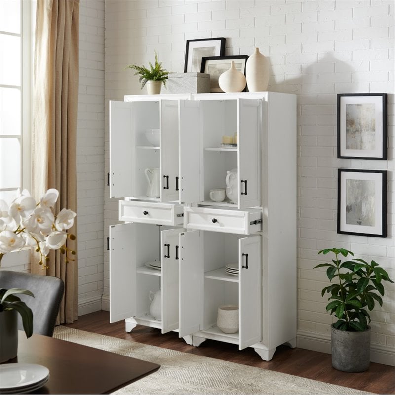 Crosley Furniture Tara Wood 4 Door Pantry Set in Distressed White (Set of 2)