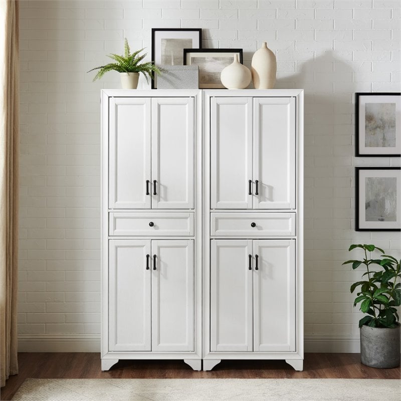 Crosley Furniture Tara Wood 4 Door Pantry Set in Distressed White (Set of 2)