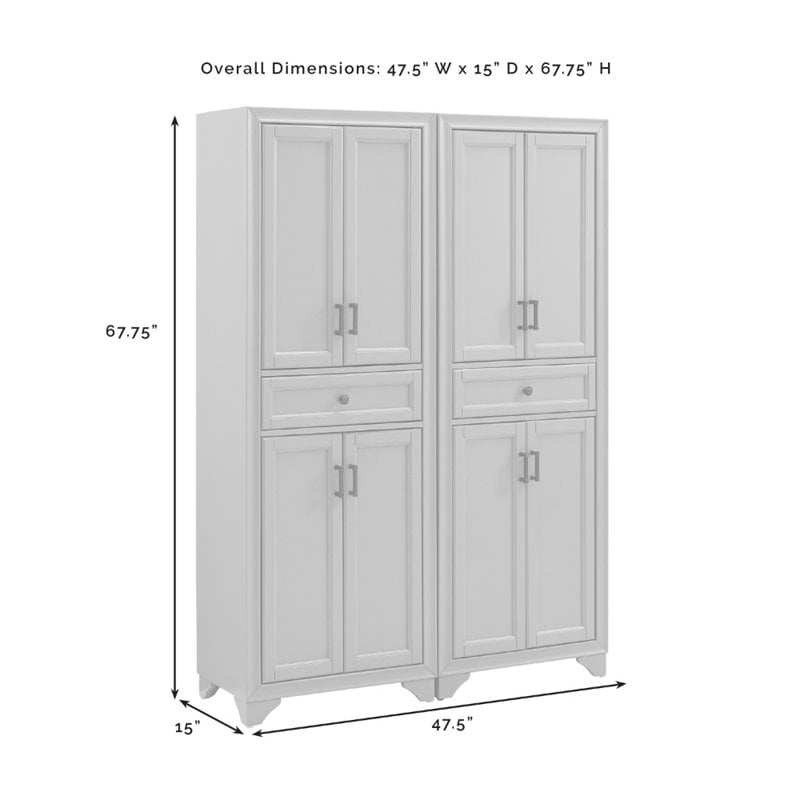 Crosley Furniture Tara Wood 4 Door Pantry Set in Distressed White (Set of 2)