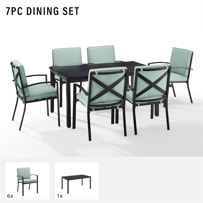 Crosley Furniture Kaplan 7-Piece Fabric & Metal Outdoor Dining Set in Mist Green