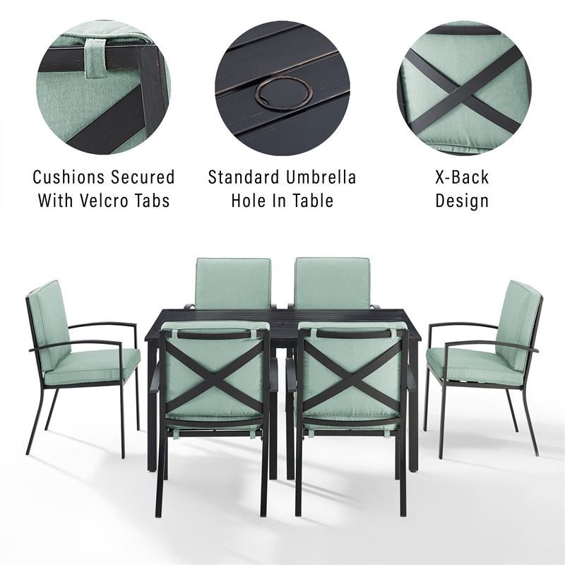 Crosley Furniture Kaplan 7-Piece Fabric & Metal Outdoor Dining Set in Mist Green
