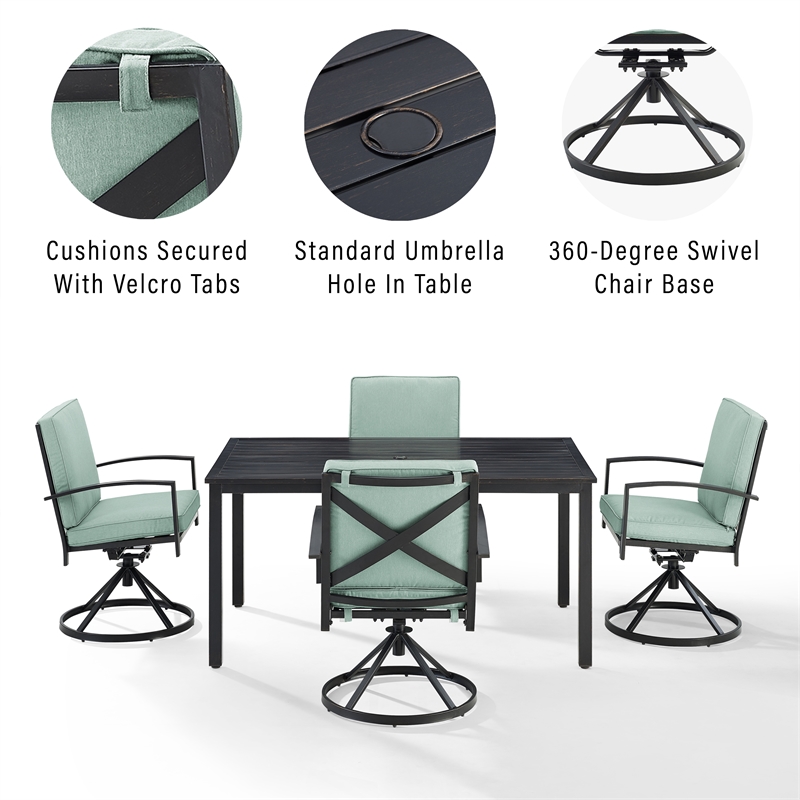 Crosley Furniture Kaplan 5 Piece Metal Outdoor Dining Set in Mist Green