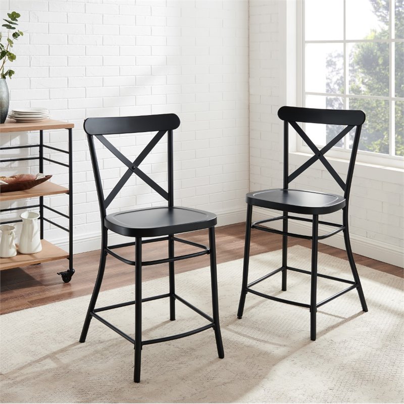Crosley Furniture Camille 2 Piece Metal Counter Stool Set in Matte Black
