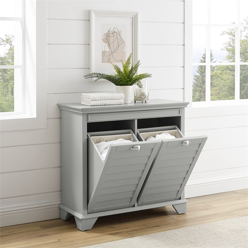 crosley furniture lydia engineered wood linen hamper in gray/chrome