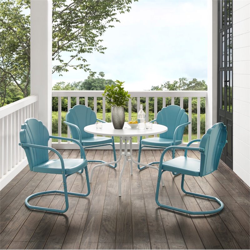 Crosley Furniture Tulip 5 Piece Metal Outdoor Dining Set in Light Blue/White