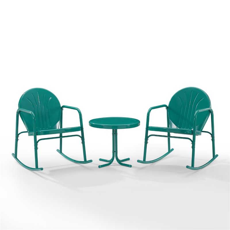 Crosley Furniture Griffith 3 Piece Metal Outdoor Rocking Chair Set in Turquoise