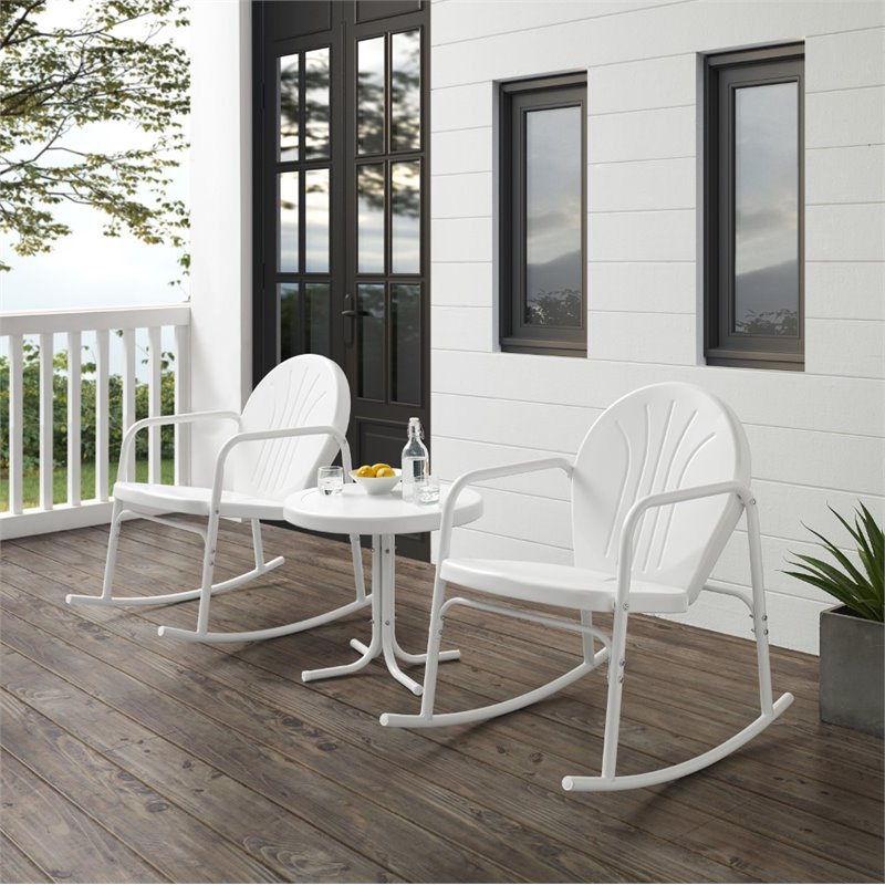 Crosley Furniture Griffith 3 Piece Metal Outdoor Rocking Chair Set in White