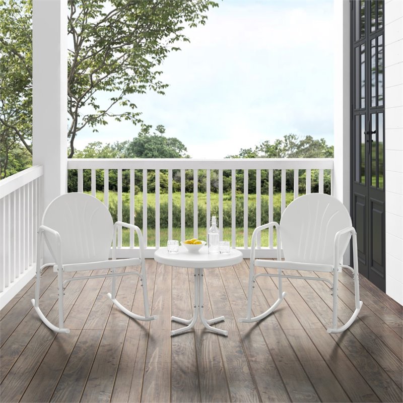Crosley Furniture Griffith 3 Piece Metal Outdoor Rocking Chair Set in White