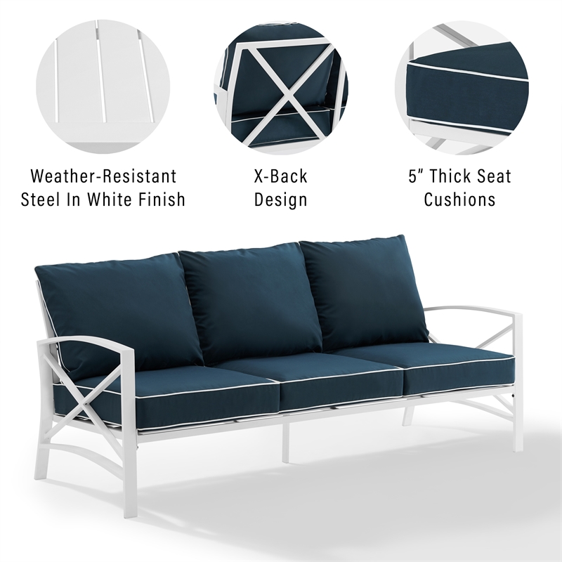 Crosley Kaplan Outdoor Metal Sofa in Navy/White