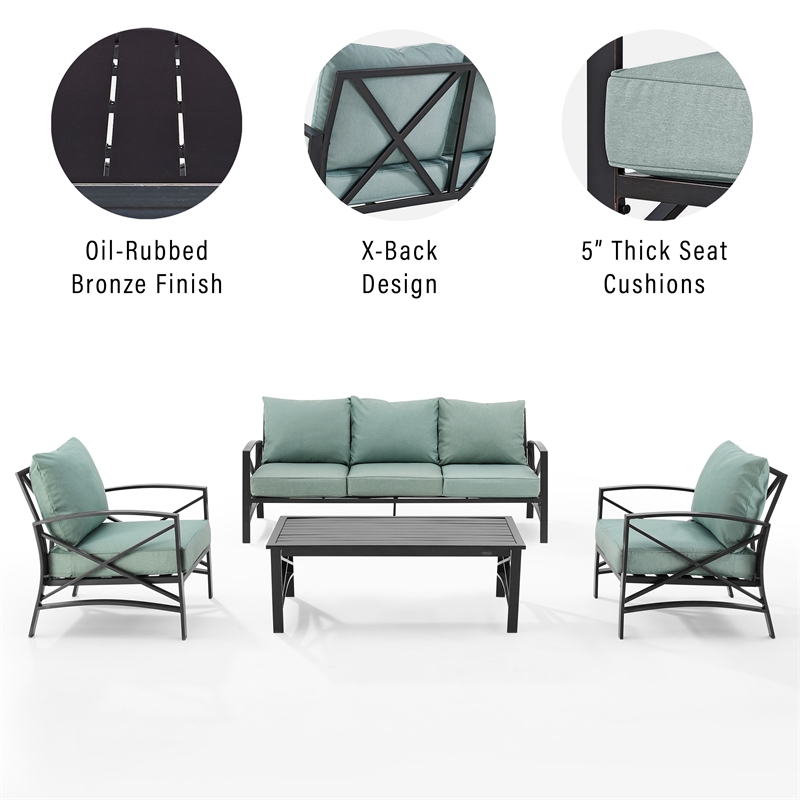 Crosley Furniture Kaplan 4 Piece Metal Outdoor Sofa Set in Mist Green