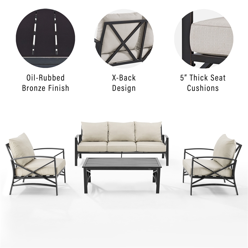 Crosley Furniture Kaplan 4 Piece Metal Outdoor Sofa Set in Oatmeal