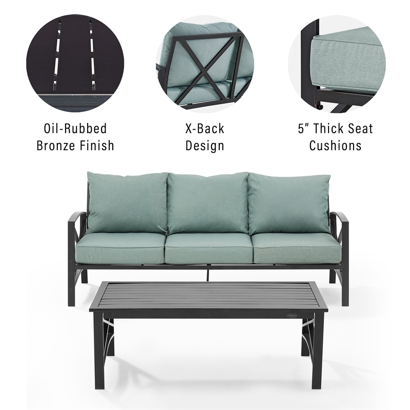 Crosley Furniture Kaplan 2 Piece Metal Outdoor Sofa Set in Mist Green