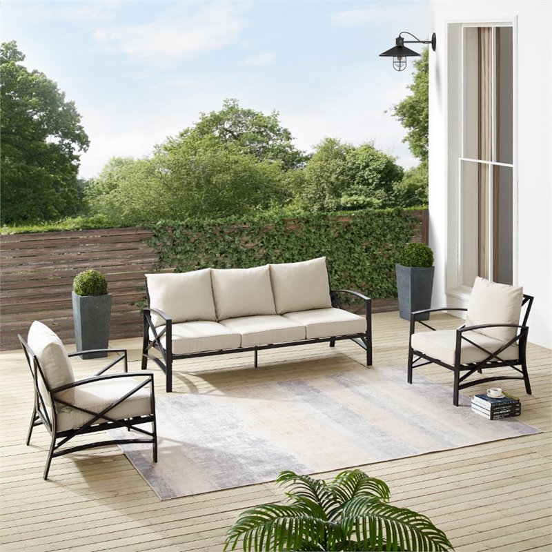 Crosley Furniture Kaplan 3 Piece Metal Outdoor Sofa Set in Oatmeal