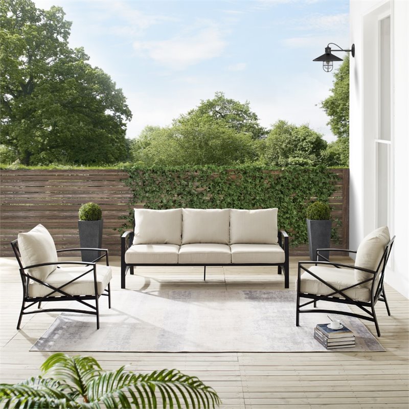 Crosley Furniture Kaplan 3 Piece Metal Outdoor Sofa Set in Oatmeal