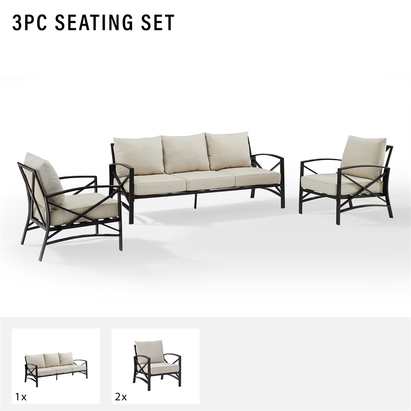 Crosley Furniture Kaplan 3 Piece Metal Outdoor Sofa Set in Oatmeal