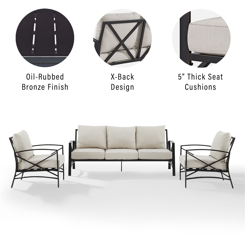 Crosley Furniture Kaplan 3 Piece Metal Outdoor Sofa Set in Oatmeal