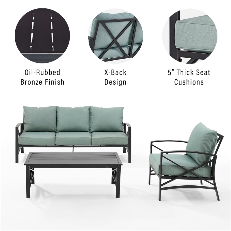 Crosley Furniture Kaplan 3 Piece Metal Outdoor Sofa Set in Mist Green
