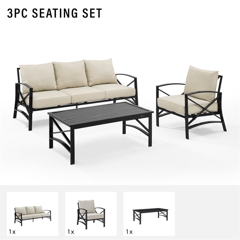 Crosley Furniture Kaplan 3 Piece Metal Outdoor Sofa Set in Oatmeal