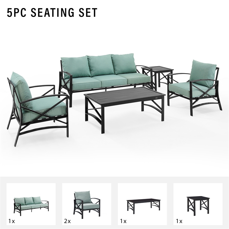 Crosley Furniture Kaplan 5 Piece Metal Outdoor Sofa Set in Mist Green