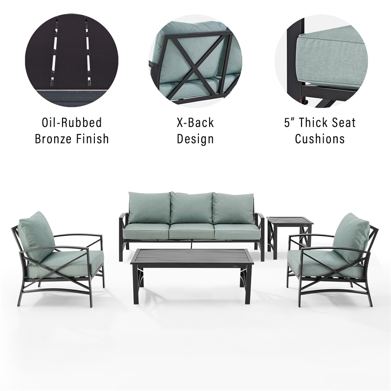 Crosley Furniture Kaplan 5 Piece Metal Outdoor Sofa Set in Mist Green