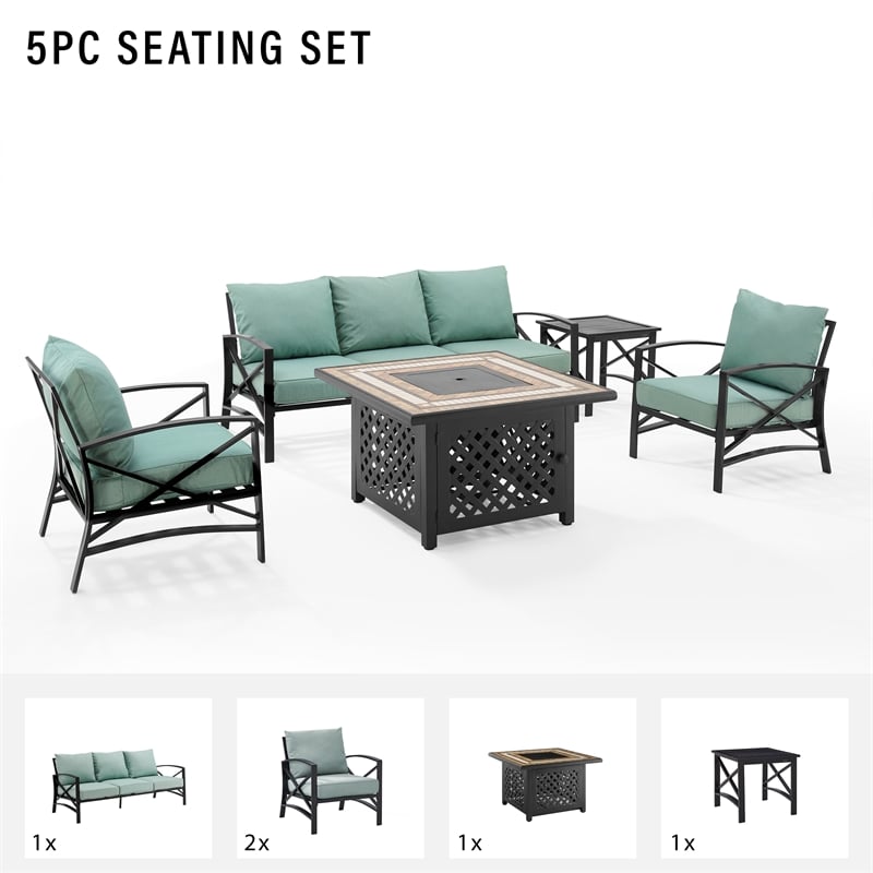 Crosley Furniture Kaplan 5Pc Metal Outdoor Sofa Set & Fire Table in Mist Green