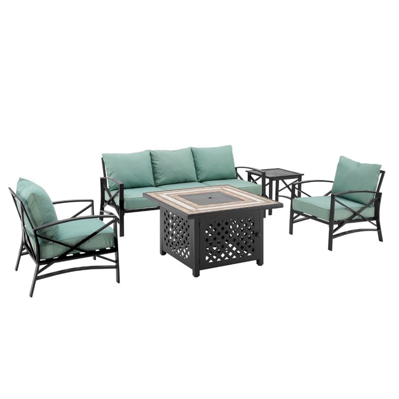 Crosley Furniture Kaplan 5Pc Metal Outdoor Sofa Set & Fire Table in Mist Green