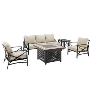 Crosley Furniture Kaplan 5 Piece Metal Outdoor Sofa Set & Fire Table in Oatmeal