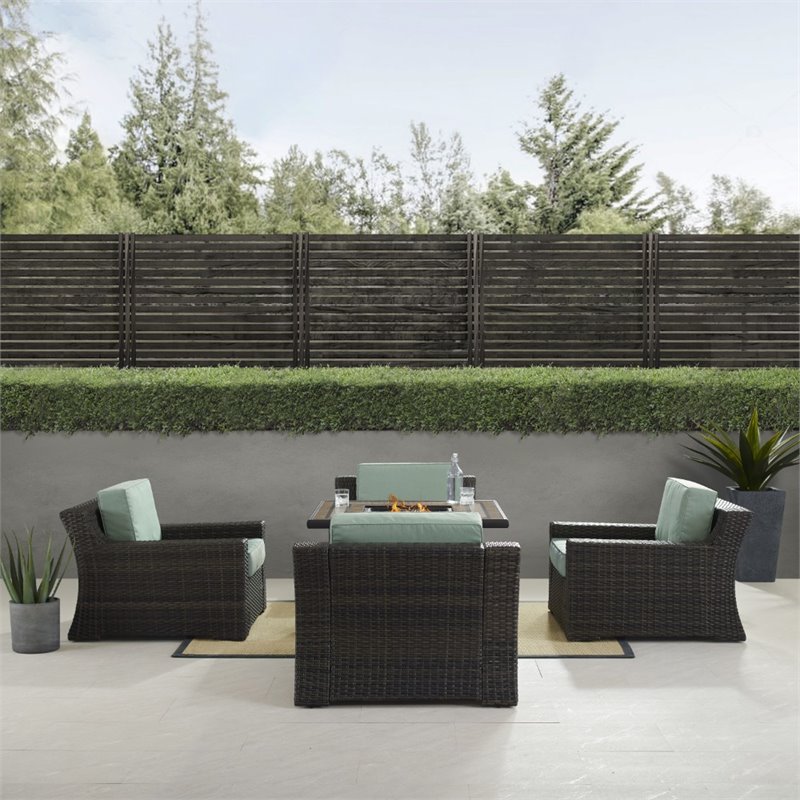 Crosley Beaufort 5 Piece Outdoor Wicker Chair Set with Fire Table in Mist