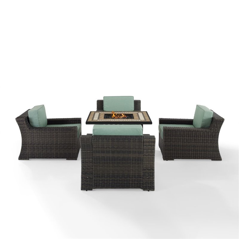 Crosley Beaufort 5 Piece Outdoor Wicker Chair Set with Fire Table in Mist