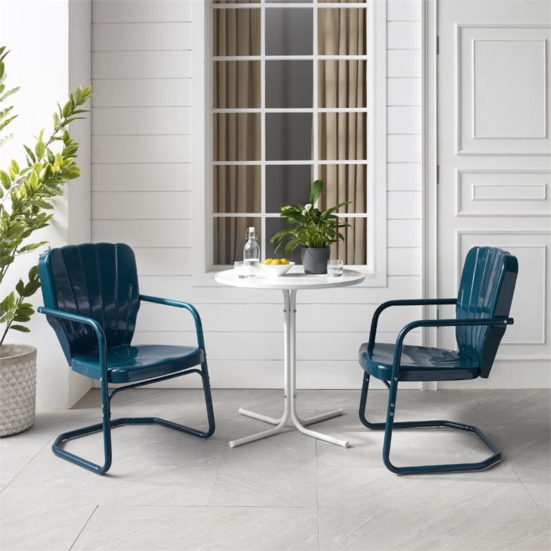 crosley furniture ridgeland 3 piece metal outdoor bistro set in navy gloss