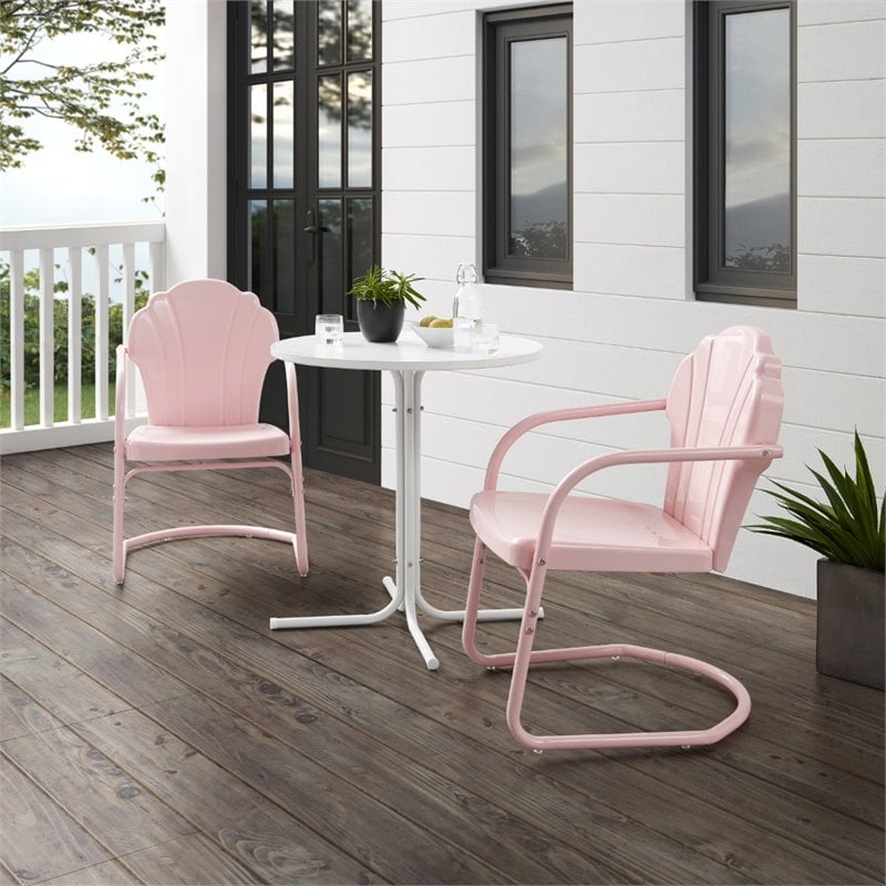 Crosley Furniture Tulip 3 Piece Metal Outdoor Bistro Set in Pastel Pink
