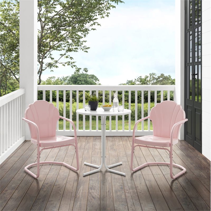 Crosley Furniture Tulip 3 Piece Metal Outdoor Bistro Set in Pastel Pink