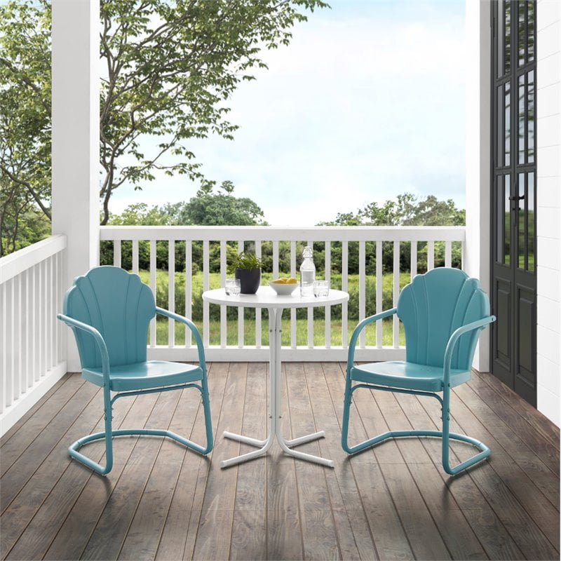 Crosley Furniture Tulip 3 Piece Metal Outdoor Bistro Set in Light Blue