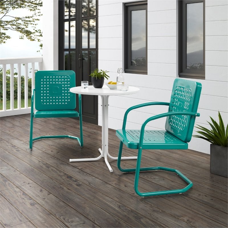 Crosley Furniture Bates 3 Piece Metal Outdoor Bistro Set in Turquoise Gloss