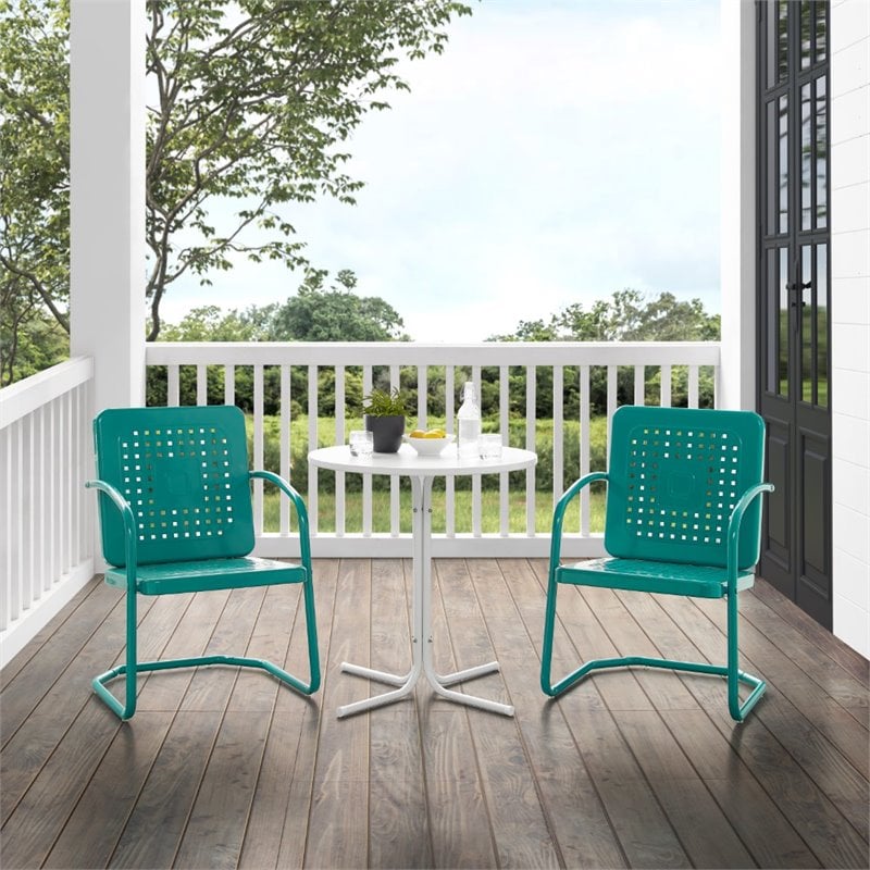 Crosley Furniture Bates 3 Piece Metal Outdoor Bistro Set in Turquoise Gloss