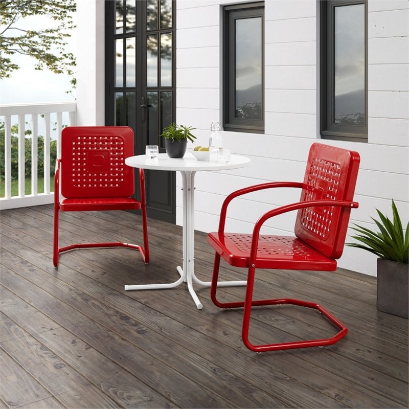 Crosley Furniture Bates 3 Piece Metal Outdoor Bistro Set in Bright Red Gloss