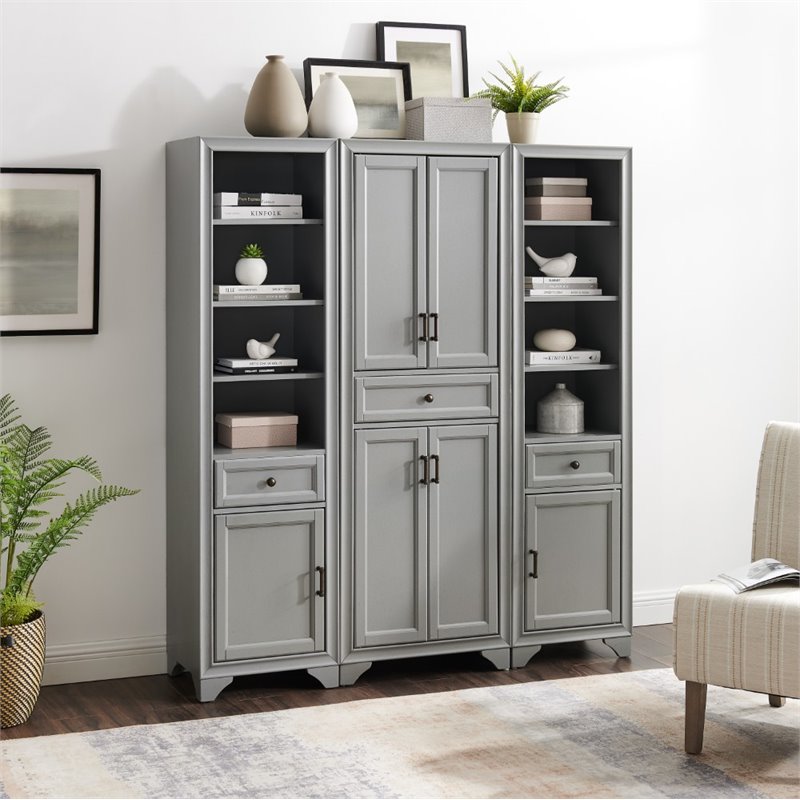 Crosley Furniture Tara 3 Piece Transitional Wood Pantry Set in Distressed Gray