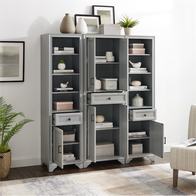 Crosley Furniture Tara 3 Piece Transitional Wood Pantry Set in Distressed Gray