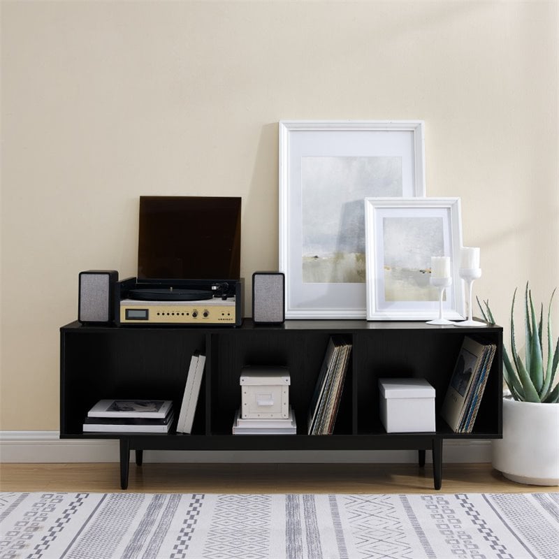 Crosley Furniture Liam Mid-Century Wood Record Storage Console Cabinet in Black