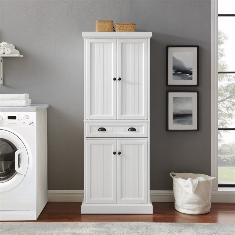Crosley Furniture Shoreline Coastal Wood Pantry in Distressed White/Black
