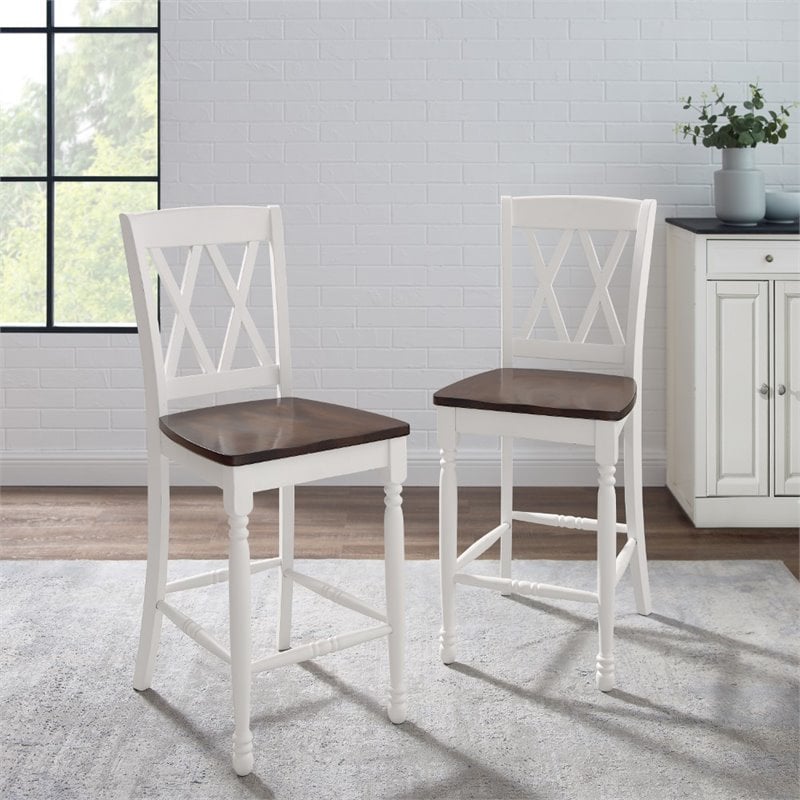 Crosley Furniture Shelby Wood Counter Stool in Distressed White/Brown (Set of 2)