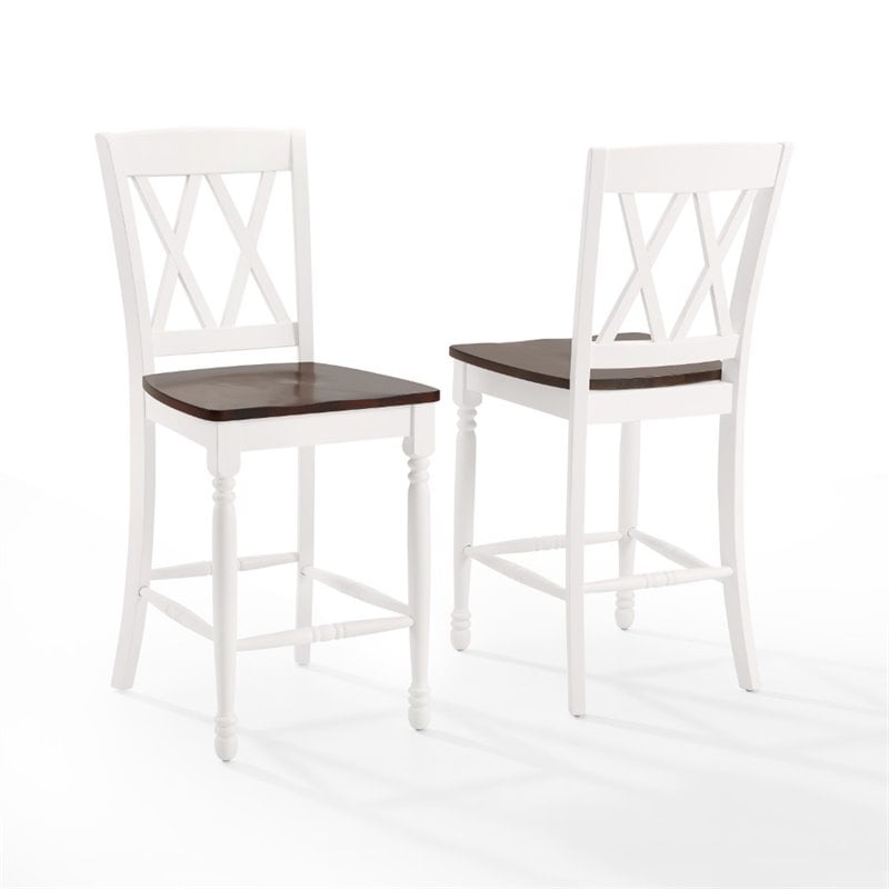 Crosley Furniture Shelby Wood Counter Stool in Distressed White/Brown (Set of 2)