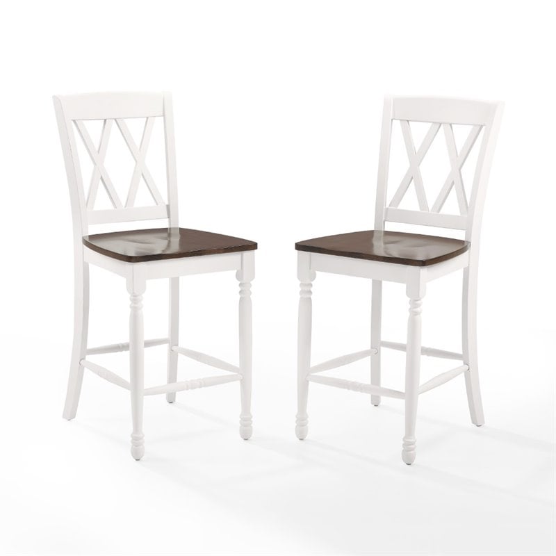 Crosley Furniture Shelby Wood Counter Stool in Distressed White/Brown (Set of 2)