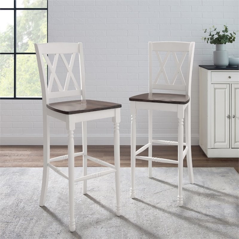 Crosley Furniture Shelby Wood Bar Stool in Distressed White/Brown (Set of 2)