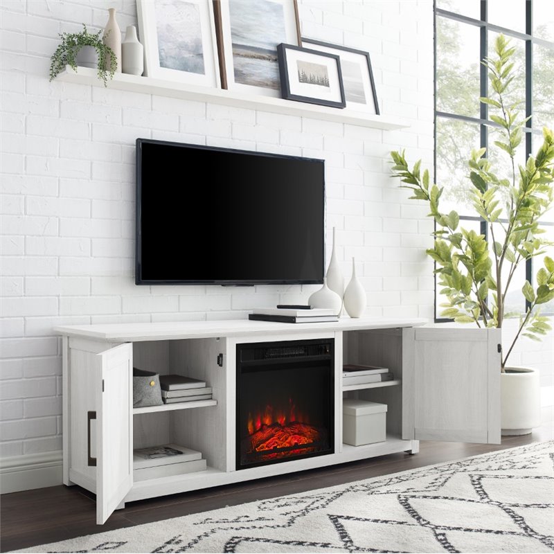 Crosley Camden 58 Rustic Low Profile, Whitewash Corner Tv Stand With Fireplace