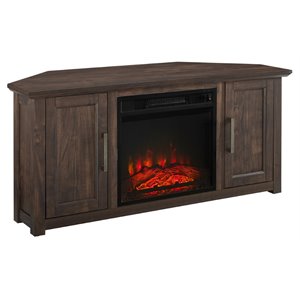 Crosley Furniture Camden 48&quotWood Corner TV Stand with Fireplace in Dark Walnut