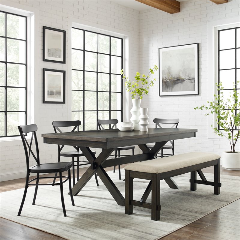 Crosley Furniture Hayden 6-piece Farmhouse Wood Dining Set in Matte Black/Slate